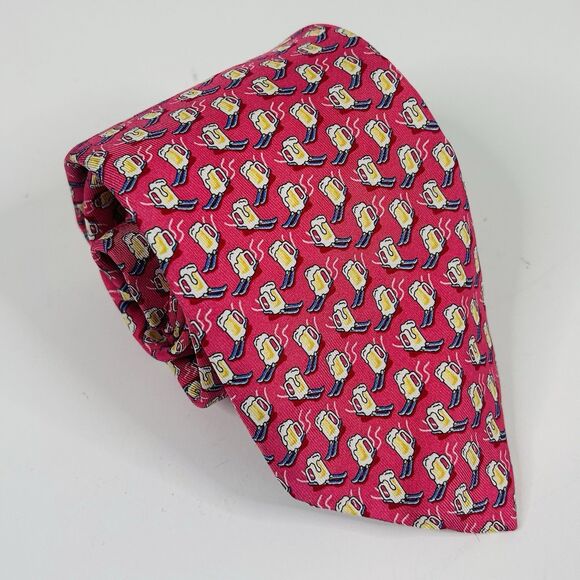 Vineyard Vines 100% Silk Necktie Tie Beer on Skis Pink 58 x 3 1/2 Casual Funny - Picture 1 of 3
